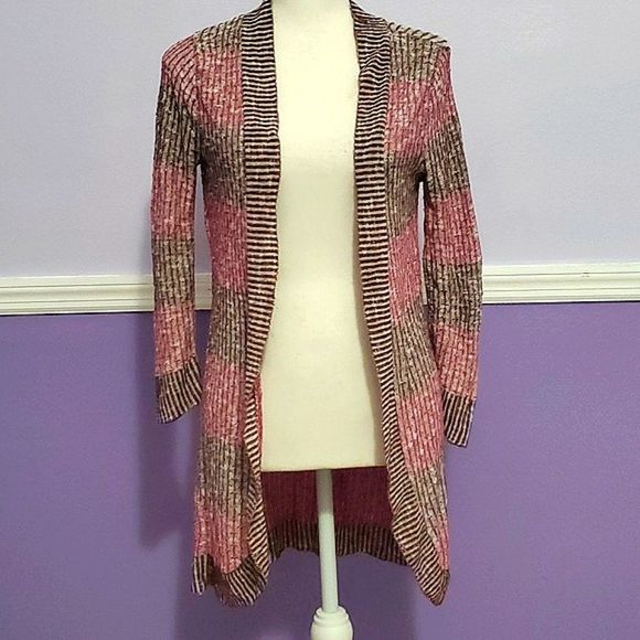 Mossimo Boho Retro Y2K Pink & Mauve Striped Lightweight Longline Open Cardigan M - Picture 1 of 8